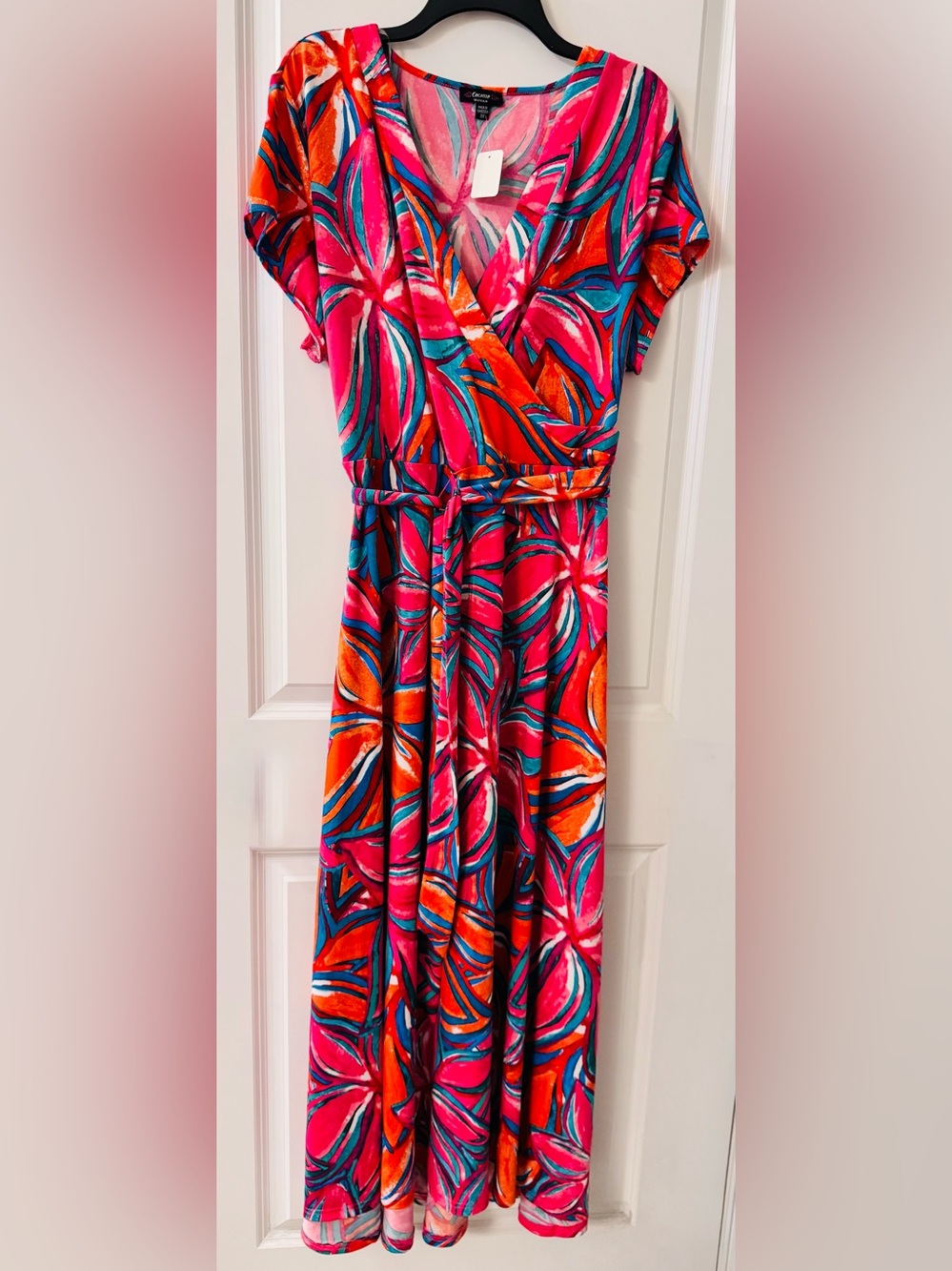 #9009 - Cocomo Woman Bold Floral Cap Sleeve Surplice Maxi Dress & Belt Pink Aqua